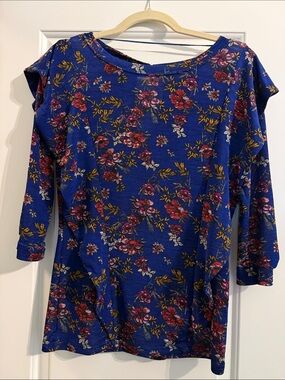 Free People Royal Blue Floral Boatneck Blouse S